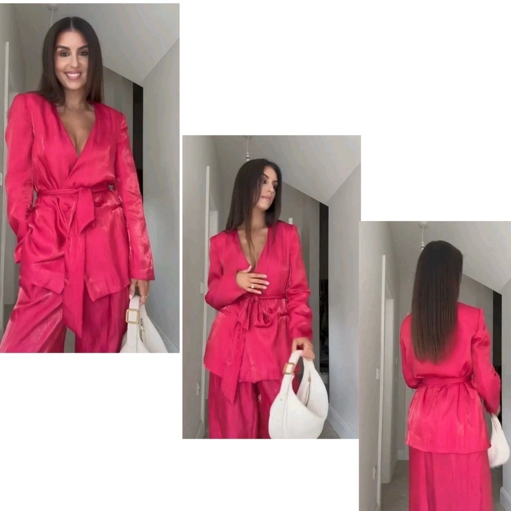 ZARA Women's Blazer Wrinkle Effect Belted fuchsia Hot Pink NWOT Sz L relaxed fit